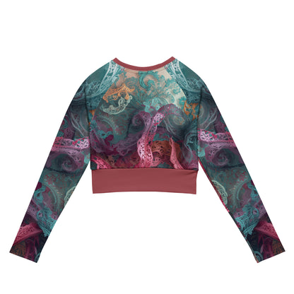 Chaitanya Abara Rangini Forme Recycled Long-Sleeve Crop Top — lace-woven fractal pattern in warm chromatic tones