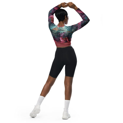 Chaitanya Abara Rangini Forme Recycled Long-Sleeve Crop Top — lace-woven fractal pattern in warm chromatic tones