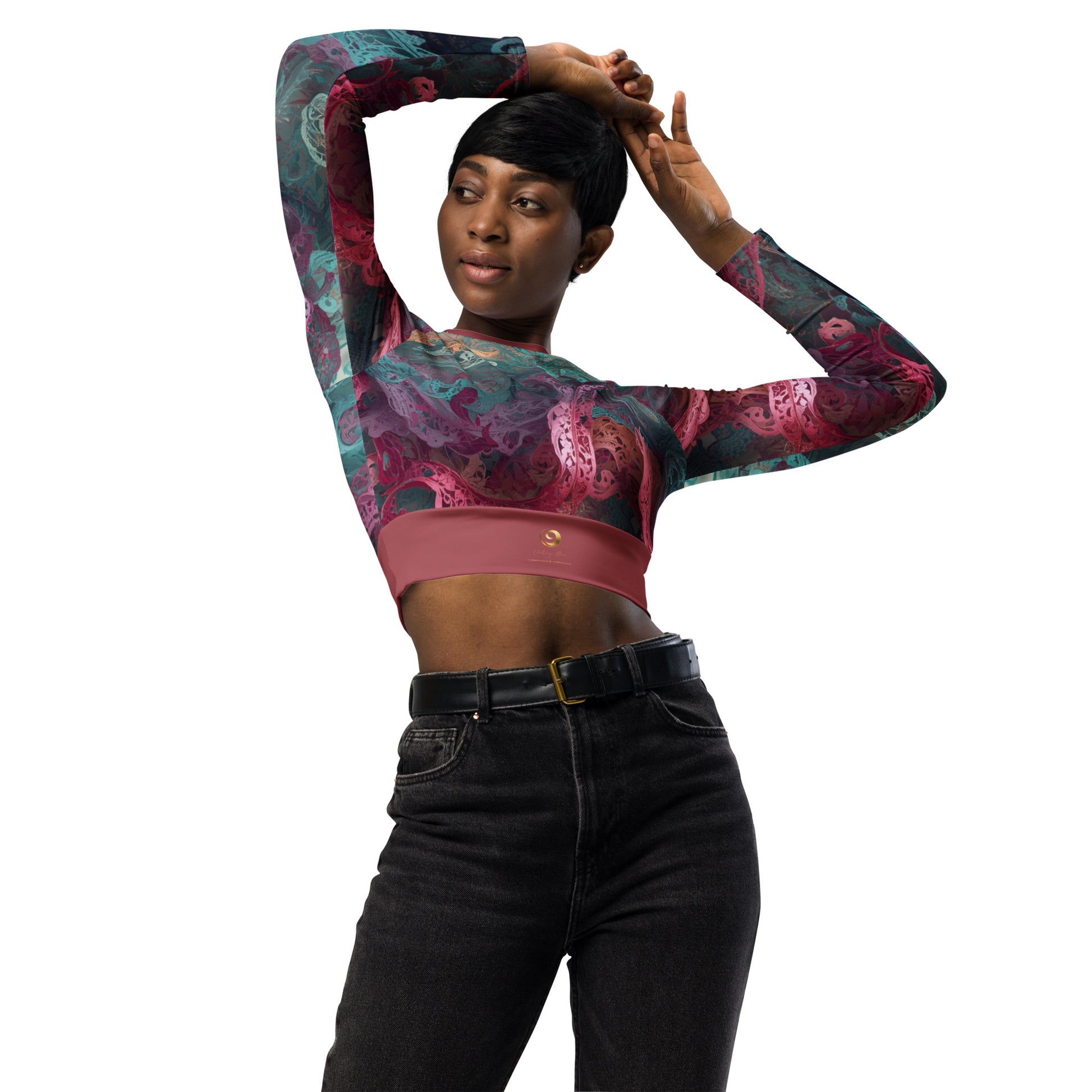 Chaitanya Abara Rangini Forme Recycled Long-Sleeve Crop Top — lace-woven fractal pattern in warm chromatic tones
