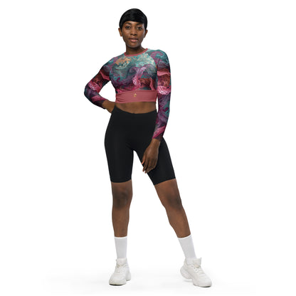 Chaitanya Abara Rangini Forme Recycled Long-Sleeve Crop Top — lace-woven fractal pattern in warm chromatic tones