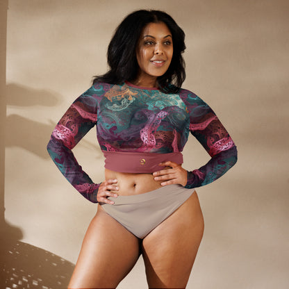 Chaitanya Abara Rangini Forme Recycled Long-Sleeve Crop Top — lace-woven fractal pattern in warm chromatic tones