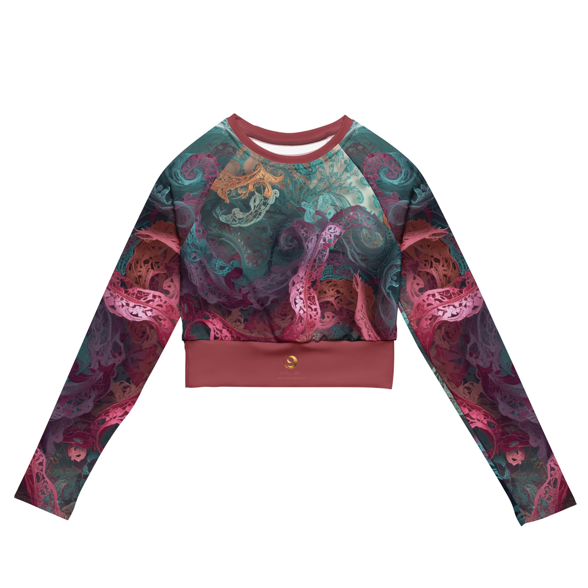 Chaitanya Abara Rangini Forme Recycled Long-Sleeve Crop Top — lace-woven fractal pattern in warm chromatic tones