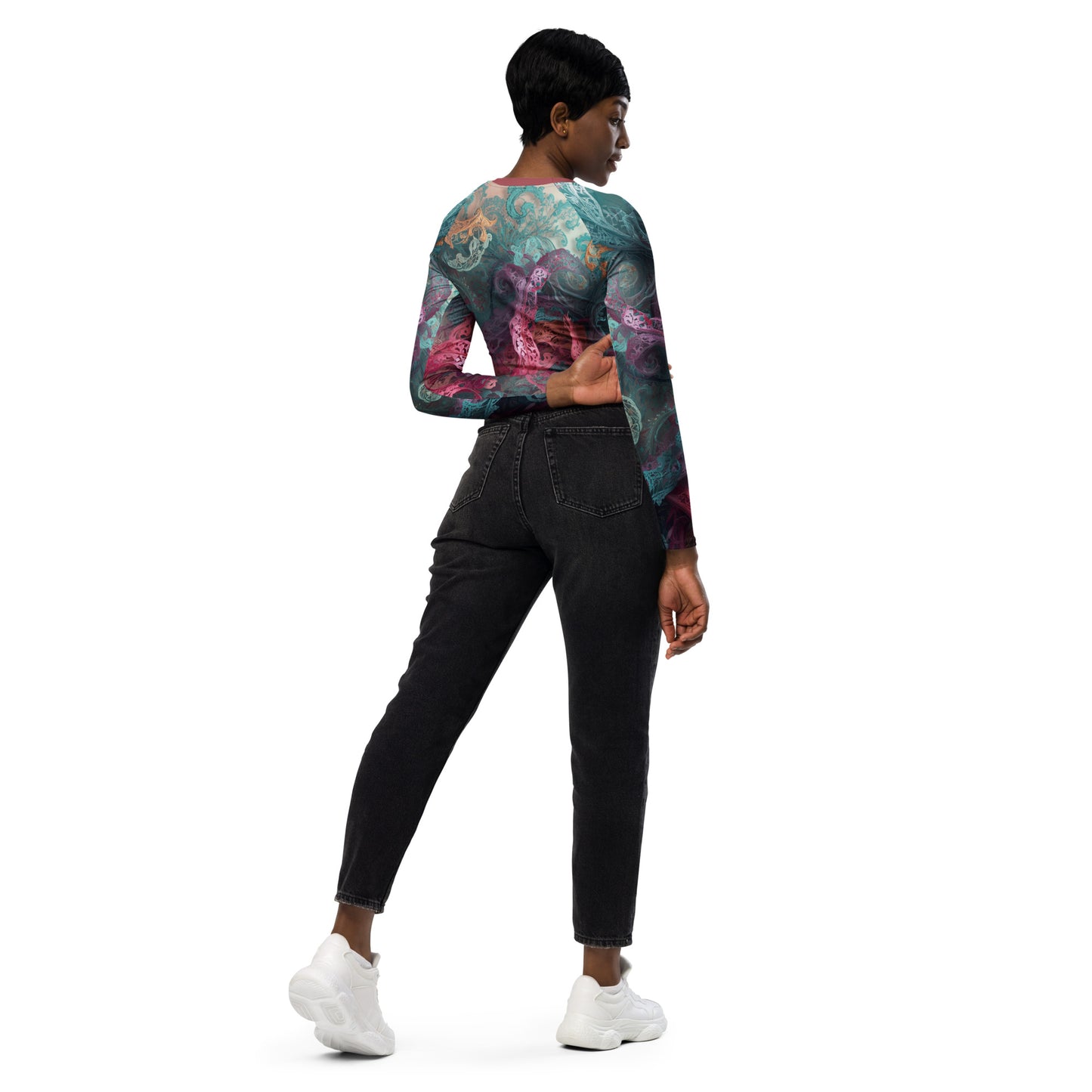Chaitanya Abara Rangini Forme Recycled Long-Sleeve Crop Top — lace-woven fractal pattern in warm chromatic tones