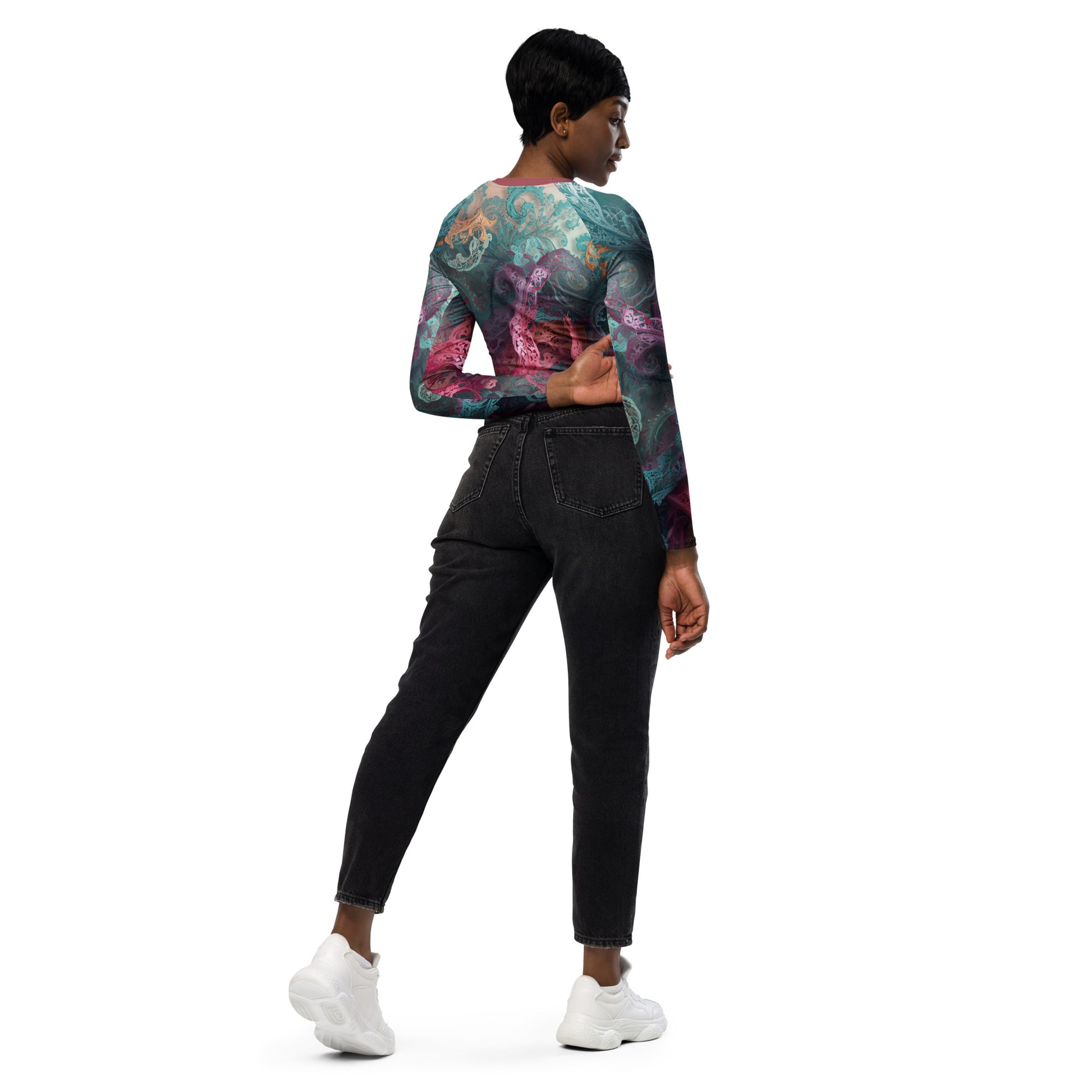 Chaitanya Abara Rangini Forme Recycled Long-Sleeve Crop Top — lace-woven fractal pattern in warm chromatic tones