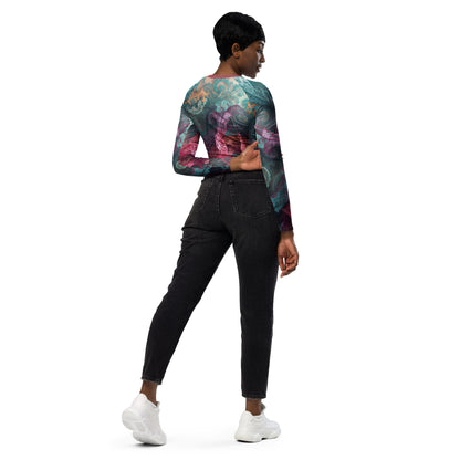 Chaitanya Abara Rangini Forme Recycled Long-Sleeve Crop Top — lace-woven fractal pattern in warm chromatic tones