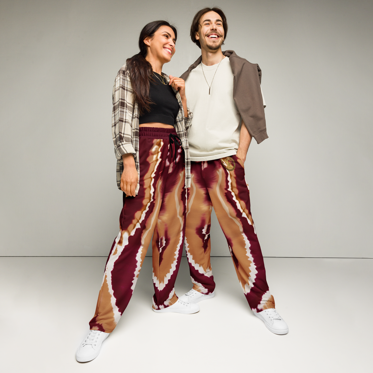 Eternal Agape Maroon and Gold Tie Dyed Wide-Leg Joggers