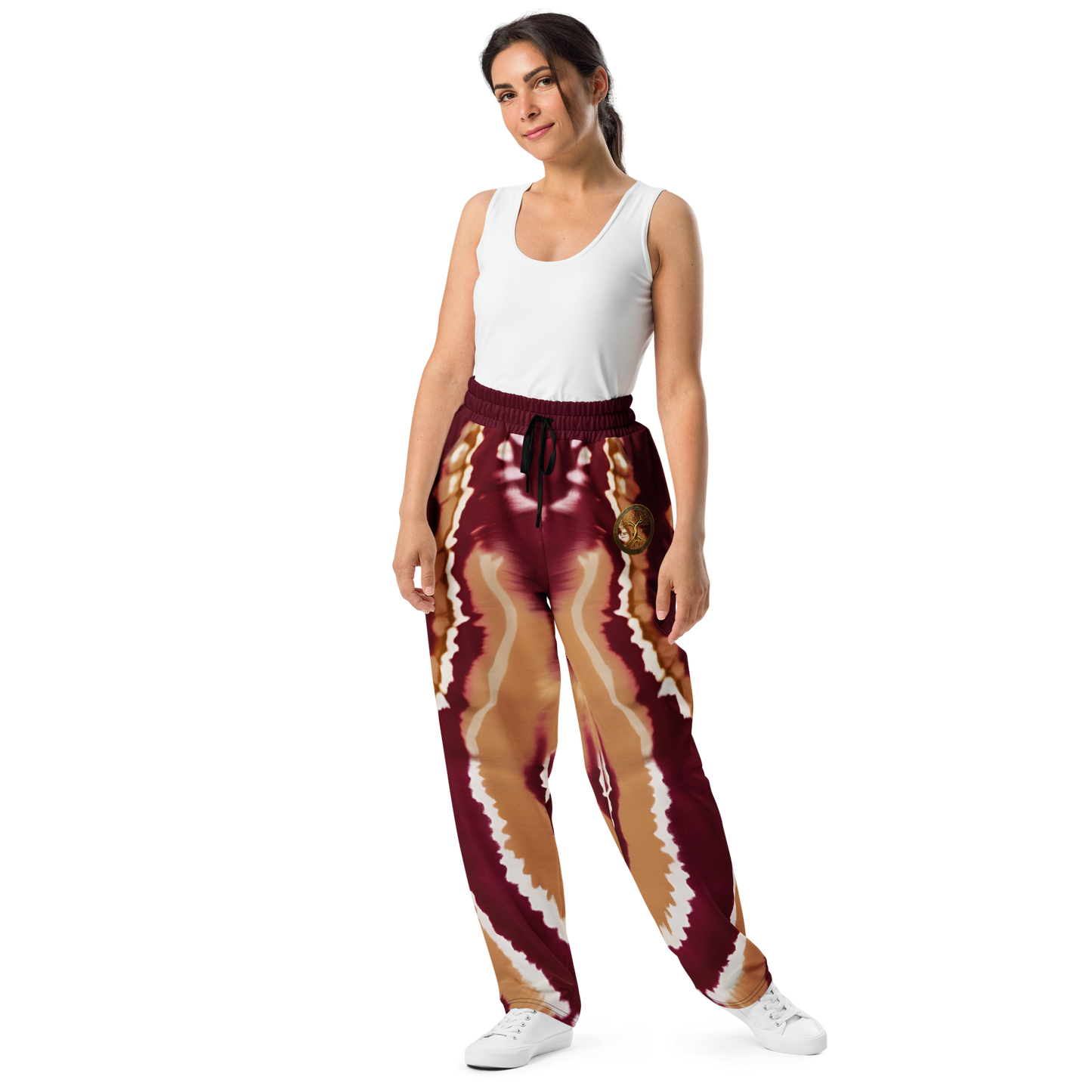 Eternal Agape Maroon and Gold Tie Dyed Wide-Leg Joggers