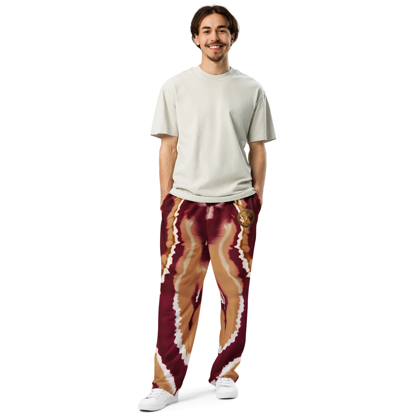 Eternal Agape Maroon and Gold Tie Dyed Wide-Leg Joggers