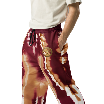 Eternal Agape Maroon and Gold Tie Dyed Wide-Leg Joggers