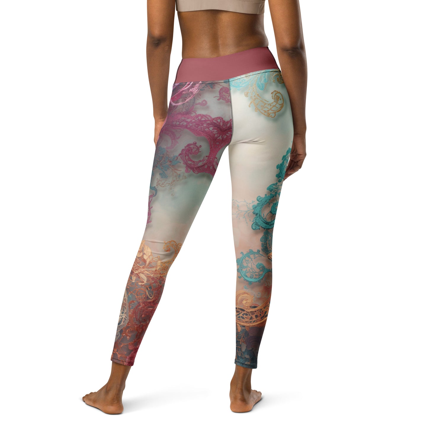 Chaitanya Abara Rangini Forme Yoga Leggings — lace-woven fractal pattern in warm chromatic tones