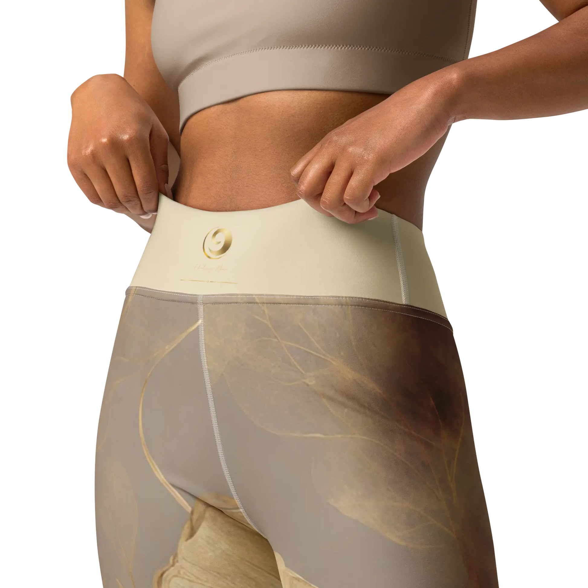 Elegant Gold Flowers Trimmed in Gold Chaitanya Abara Yoga Leggings Eternal Agape Store