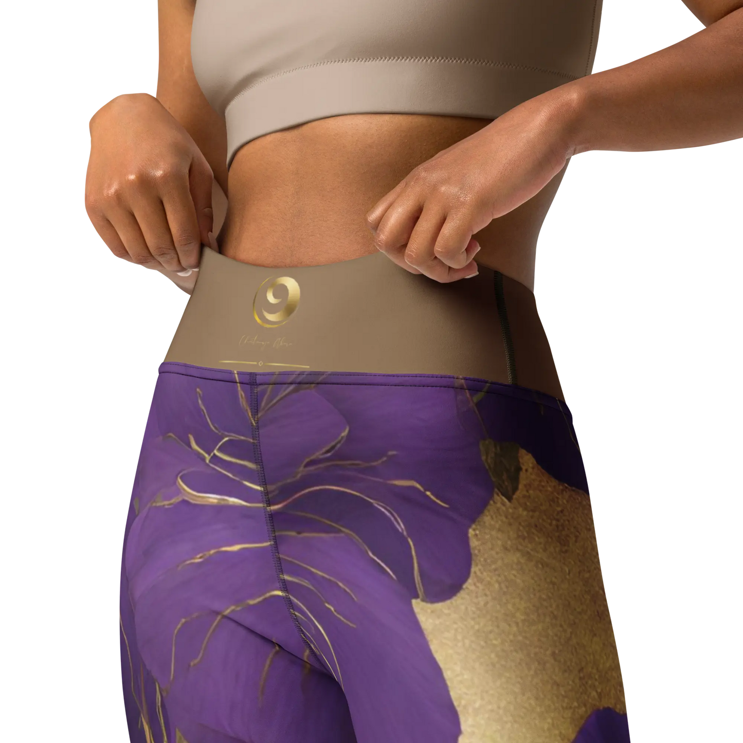 Chaitanya Abara Elegant Purple Flowers Trimmed in Gold Yoga Leggings Eternal Agape Store