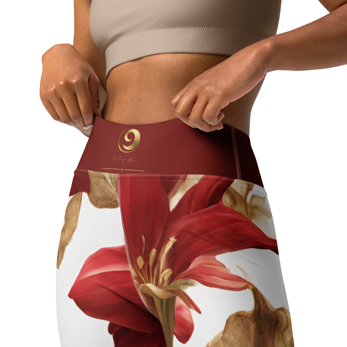 Chaitanya Abara Elegant Red Flowers Trimmed in Gold Yoga Leggings