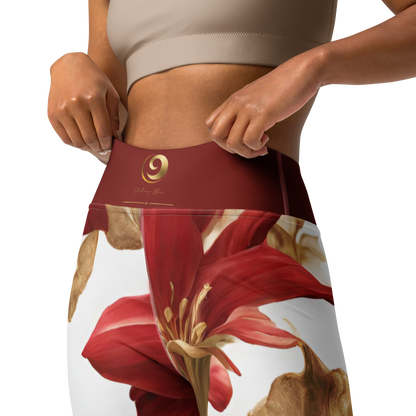 Chaitanya Abara Elegant Red Flowers Trimmed in Gold Yoga Leggings