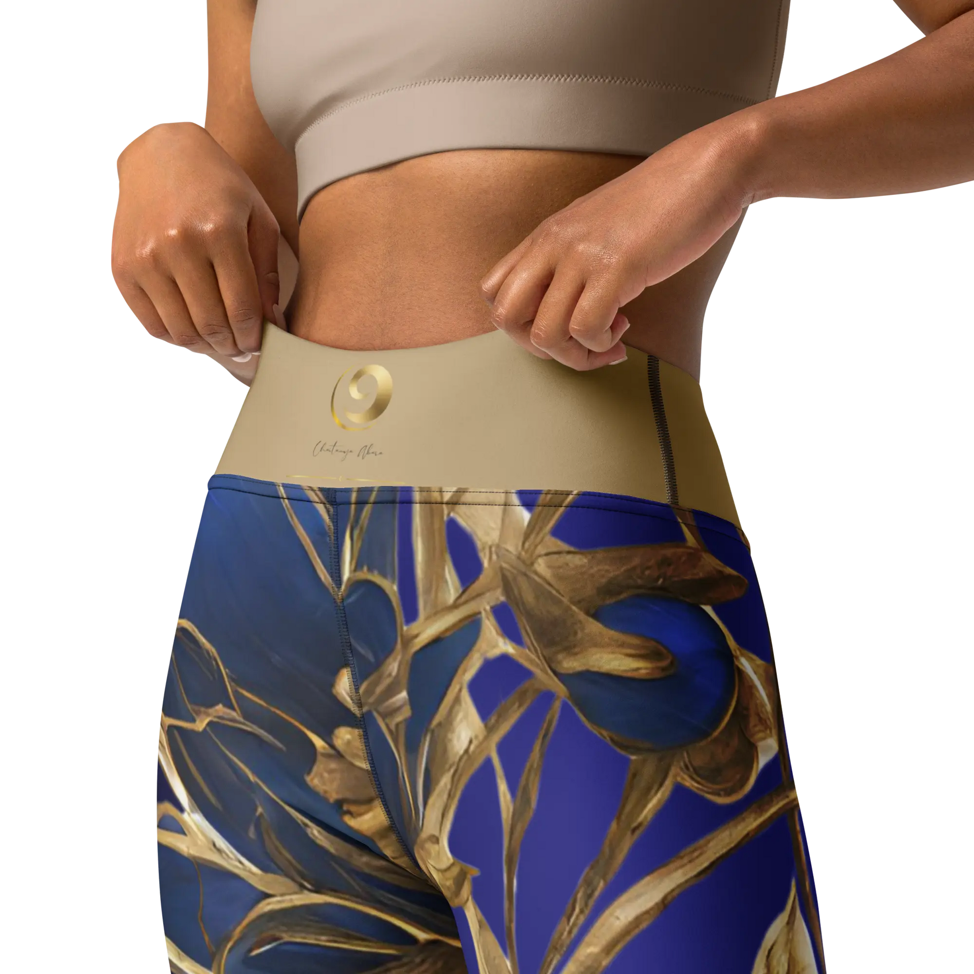 Chaitanya Abara Blue Flowers Trimmed in Gold Yoga Leggings Eternal Agape Store