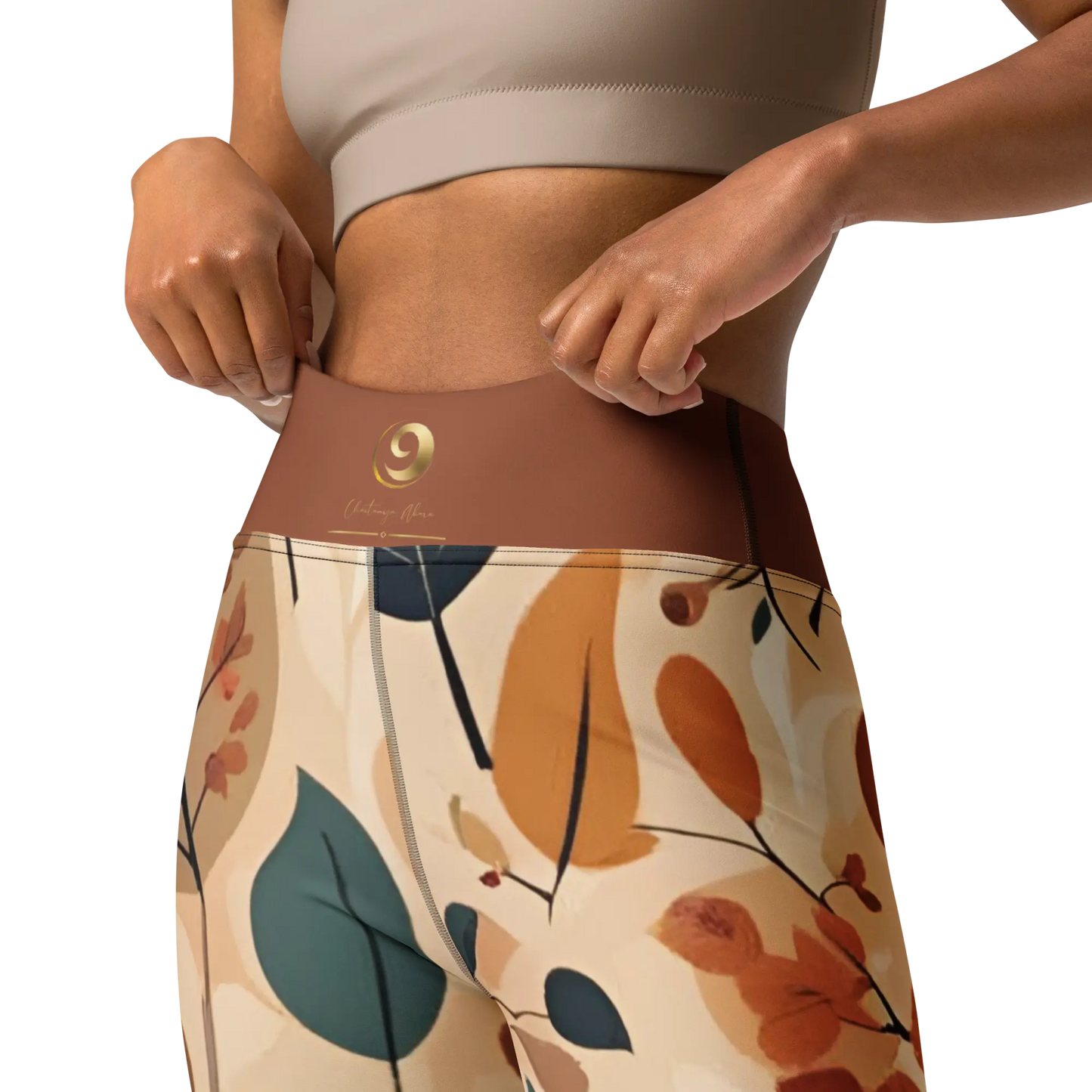 Tan Chaitanya Abara Fall Floral Print Yoga Leggings w Burnt Orange Band Eternal Agape Store