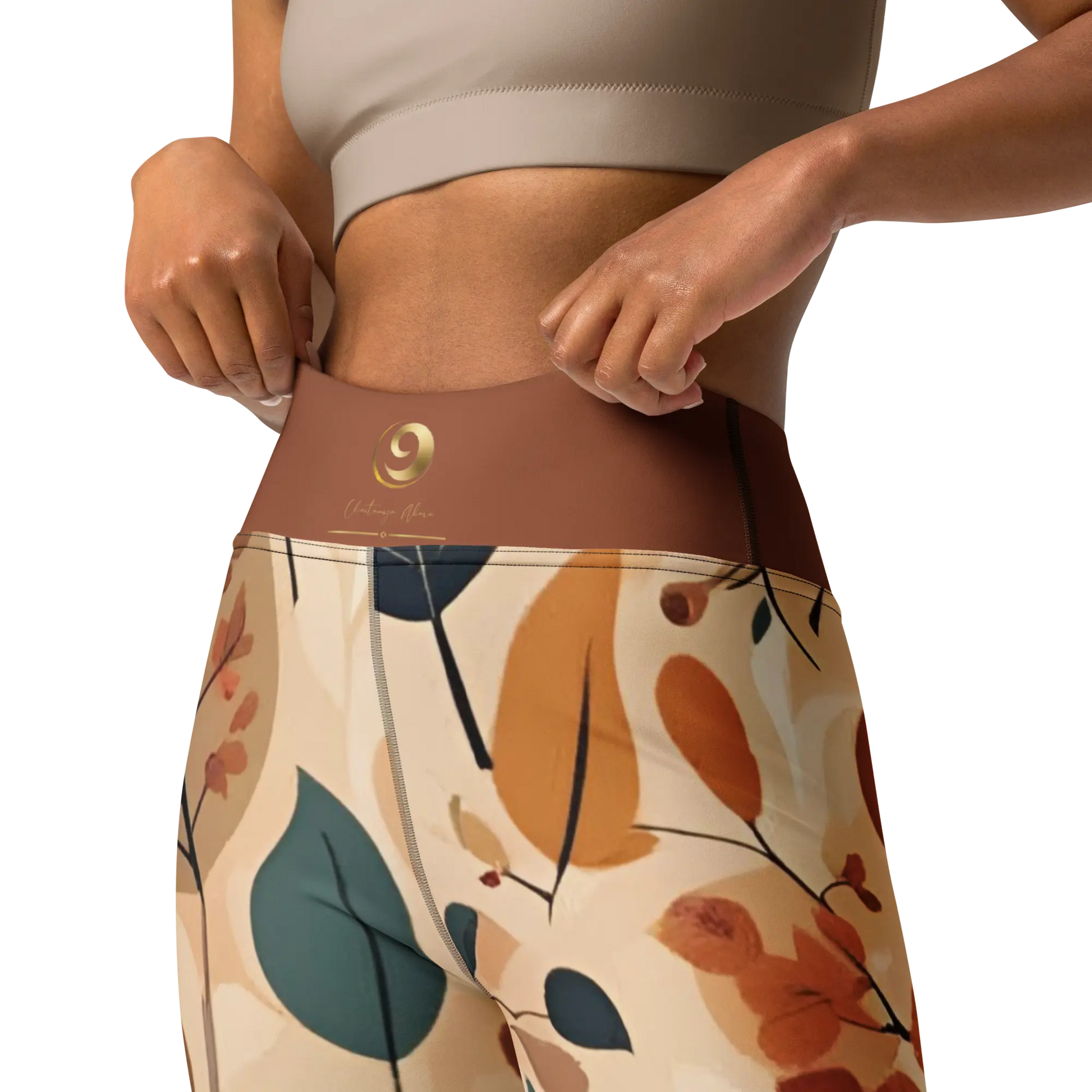 Tan Chaitanya Abara Fall Floral Print Yoga Leggings w Burnt Orange Band Eternal Agape Store