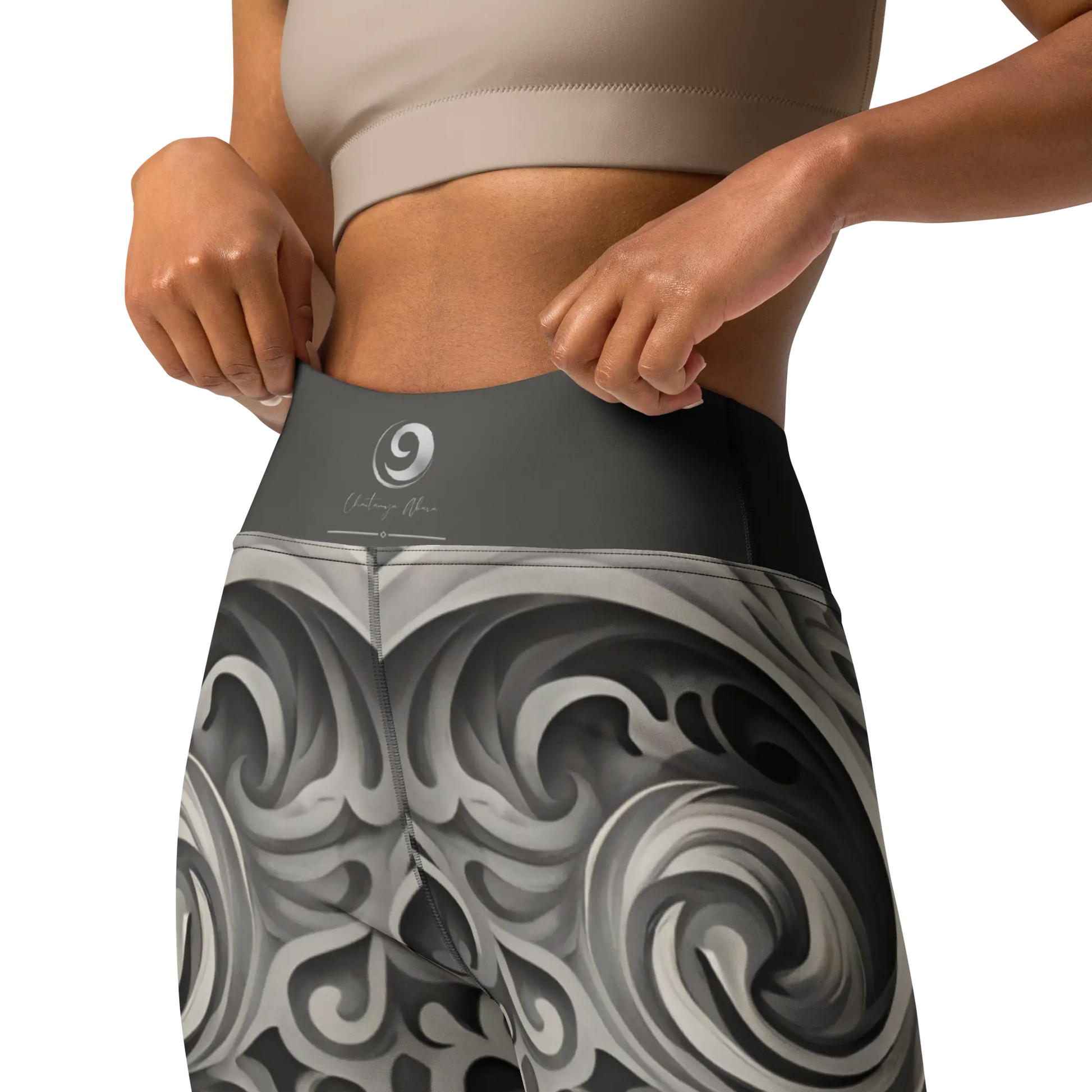 Chaitanya Abara Charcoal Gray Paisley Pattern Yoga Leggings Eternal Agape Store