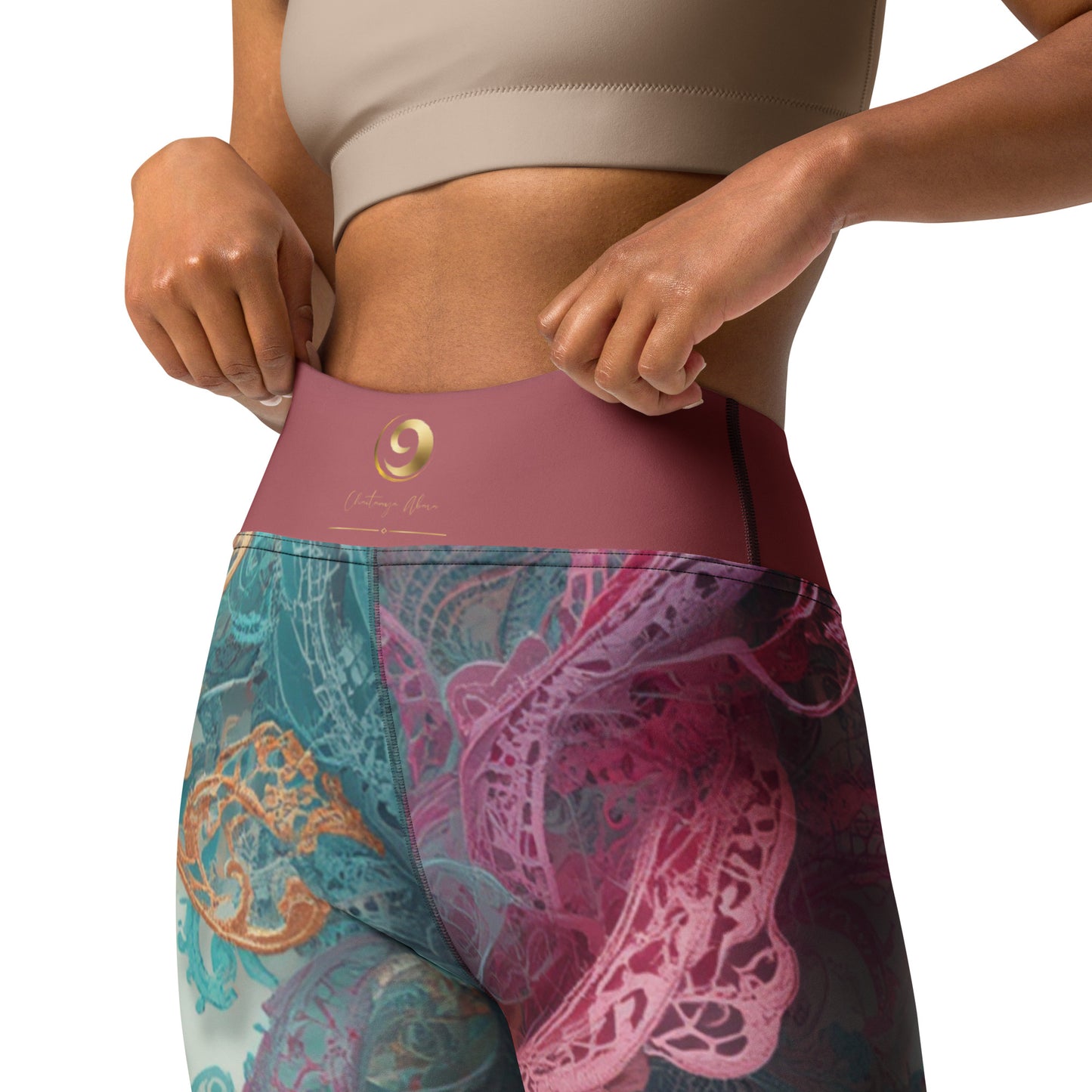 Chaitanya Abara Rangini Forme Yoga Leggings — lace-woven fractal pattern in warm chromatic tones