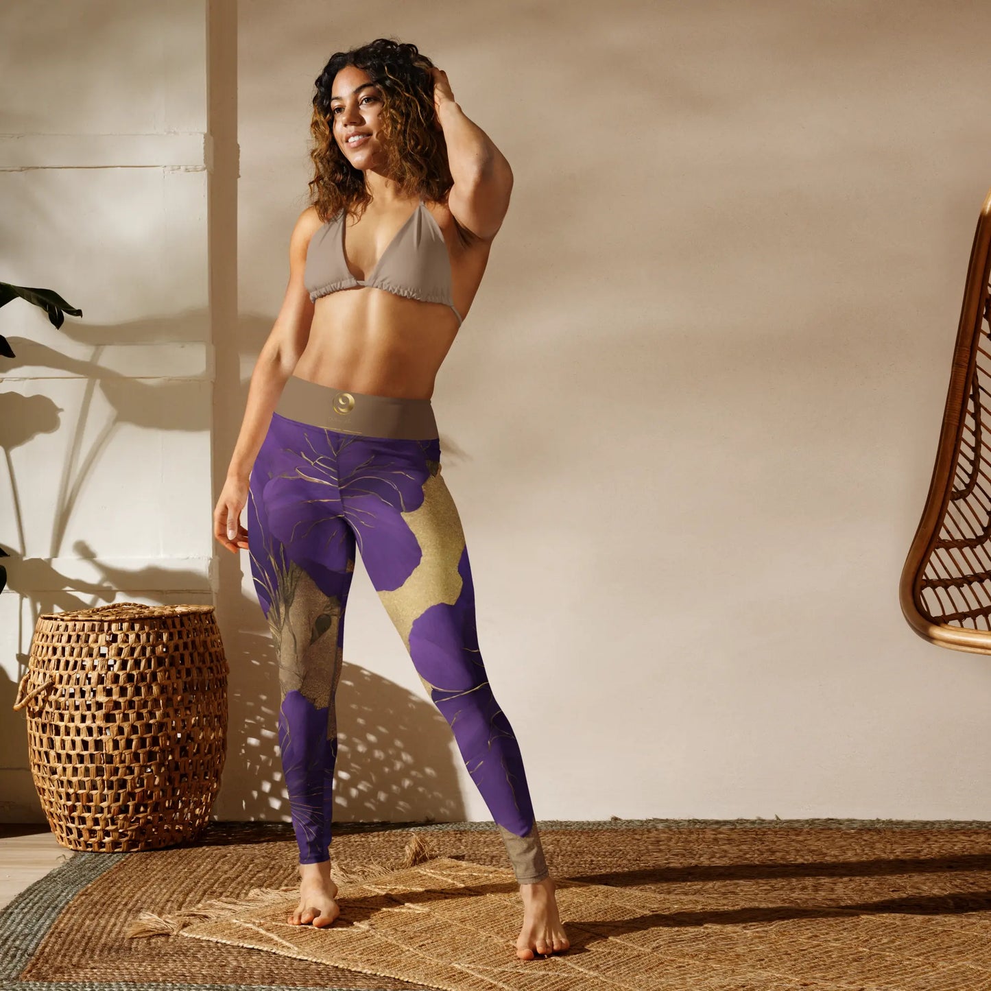 Chaitanya Abara Elegant Purple Flowers Trimmed in Gold Yoga Leggings Eternal Agape Store