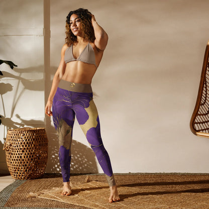 Chaitanya Abara Elegant Purple Flowers Trimmed in Gold Yoga Leggings Eternal Agape Store