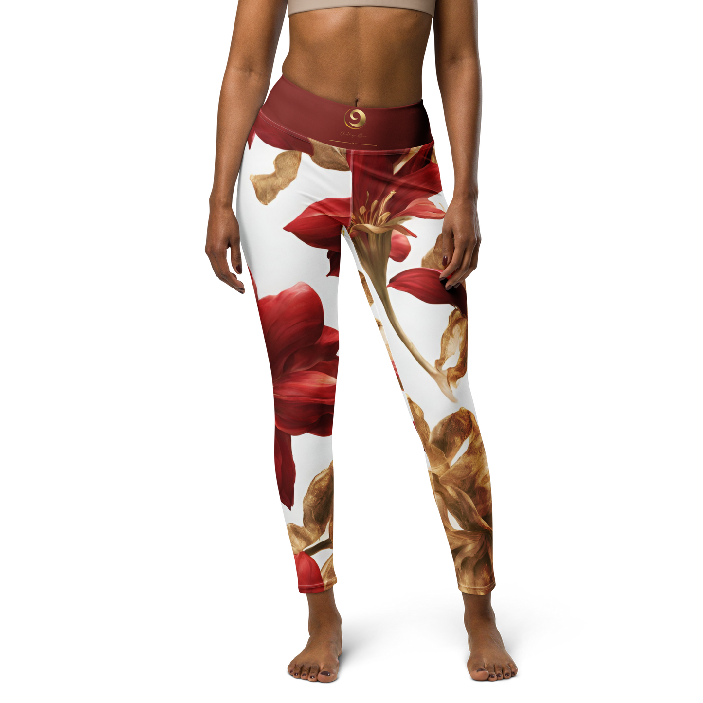 Chaitanya Abara Elegant Red Flowers Trimmed in Gold Yoga Leggings