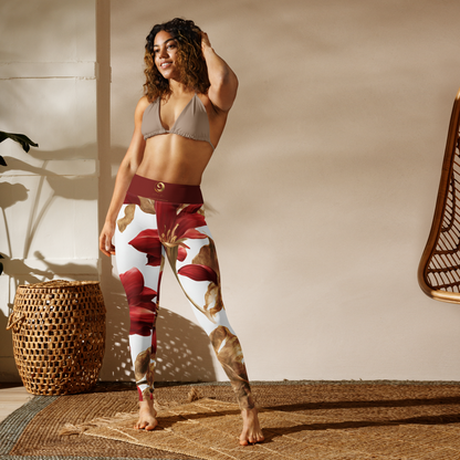 Chaitanya Abara Elegant Red Flowers Trimmed in Gold Yoga Leggings