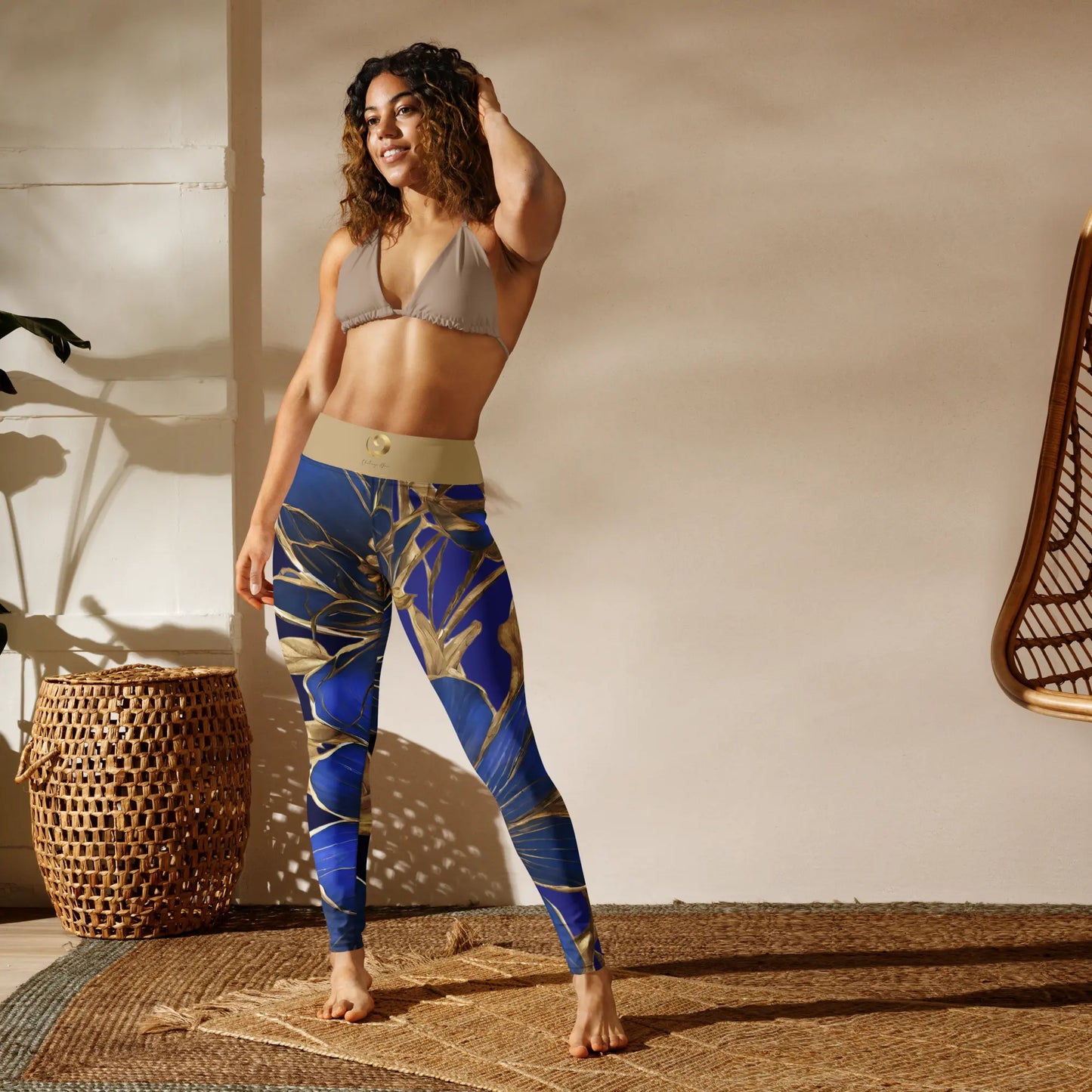 Chaitanya Abara Blue Flowers Trimmed in Gold Yoga Leggings Eternal Agape Store