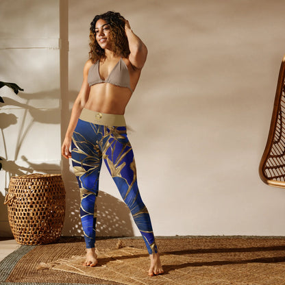 Chaitanya Abara Blue Flowers Trimmed in Gold Yoga Leggings Eternal Agape Store