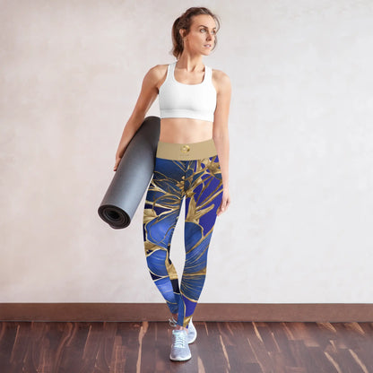 Chaitanya Abara Blue Flowers Trimmed in Gold Yoga Leggings Eternal Agape Store