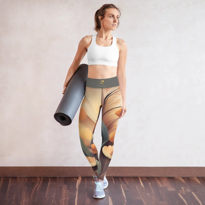 Gray and Tan Chaitanya Abara Fall Floral Yoga Leggings w Gray Band Eternal Agape Store