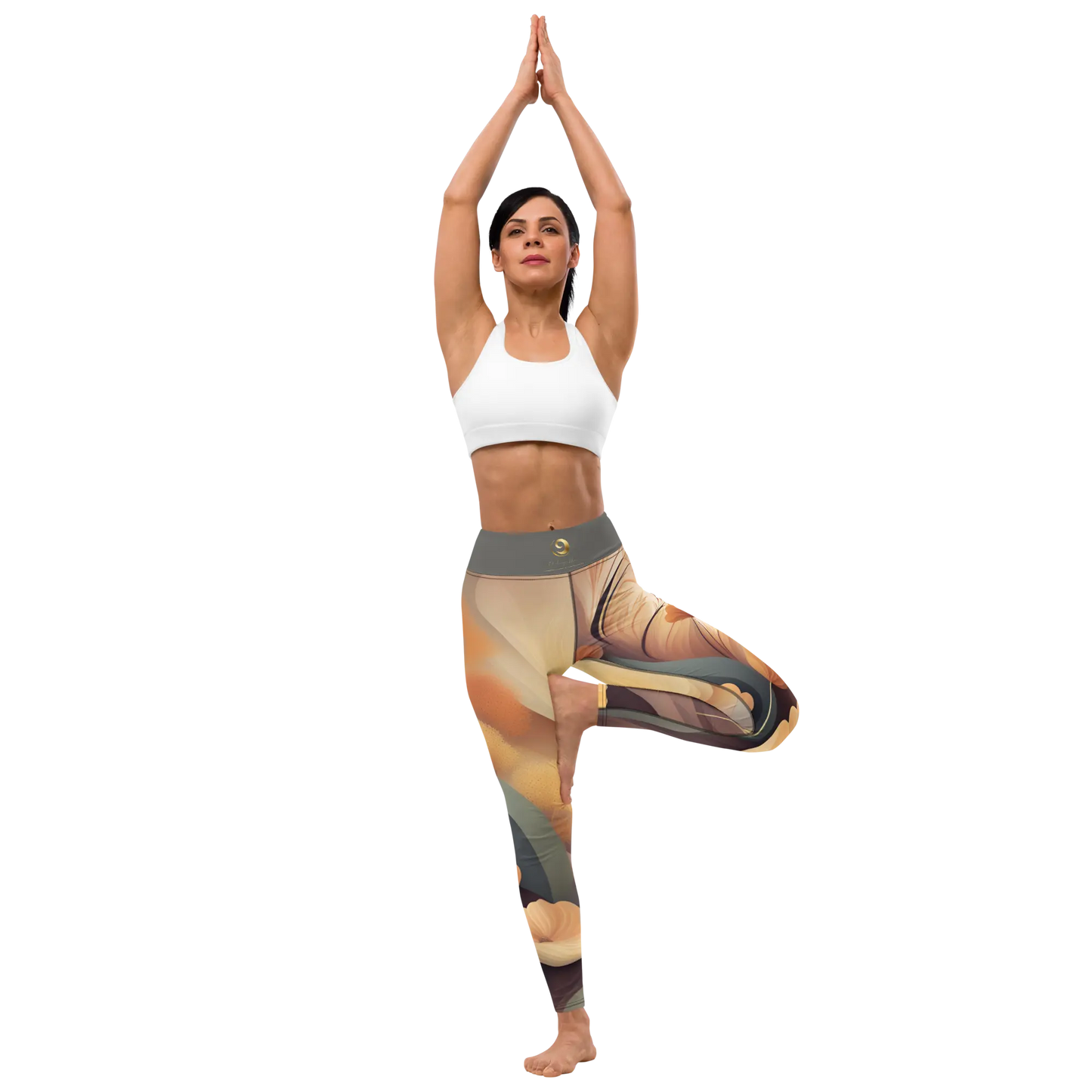 Gray and Tan Chaitanya Abara Fall Floral Yoga Leggings w Gray Band Eternal Agape Store