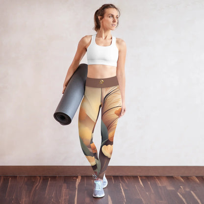 Tan and Gray Chaitanya Abara Fall Floral Print Yoga Leggings w Brown Band Eternal Agape Store