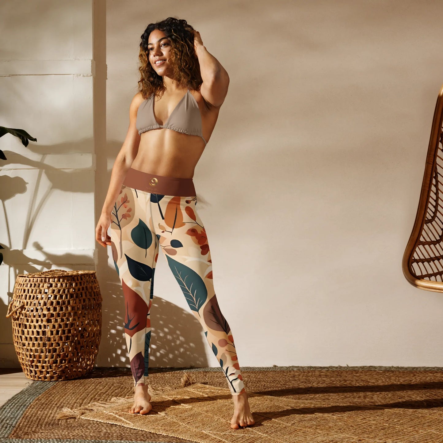 Tan Chaitanya Abara Fall Floral Print Yoga Leggings w Burnt Orange Band Eternal Agape Store