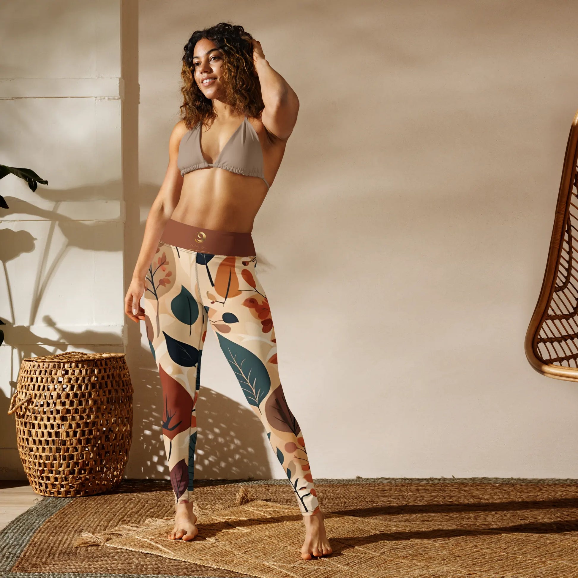 Tan Chaitanya Abara Fall Floral Print Yoga Leggings w Burnt Orange Band Eternal Agape Store