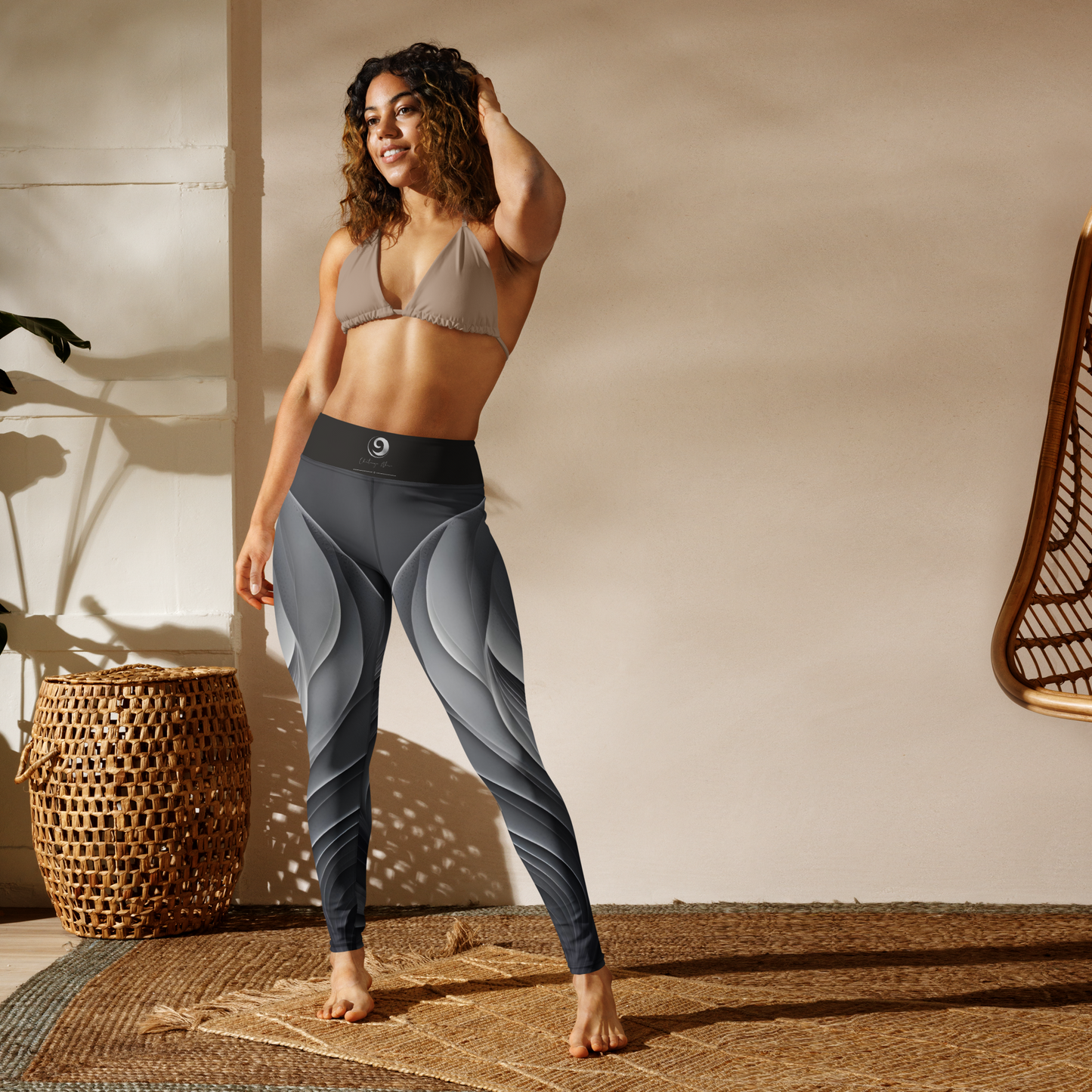 Chaitanya Abara Gray Leaf Pattern Yoga Leggings Eternal Agape Store