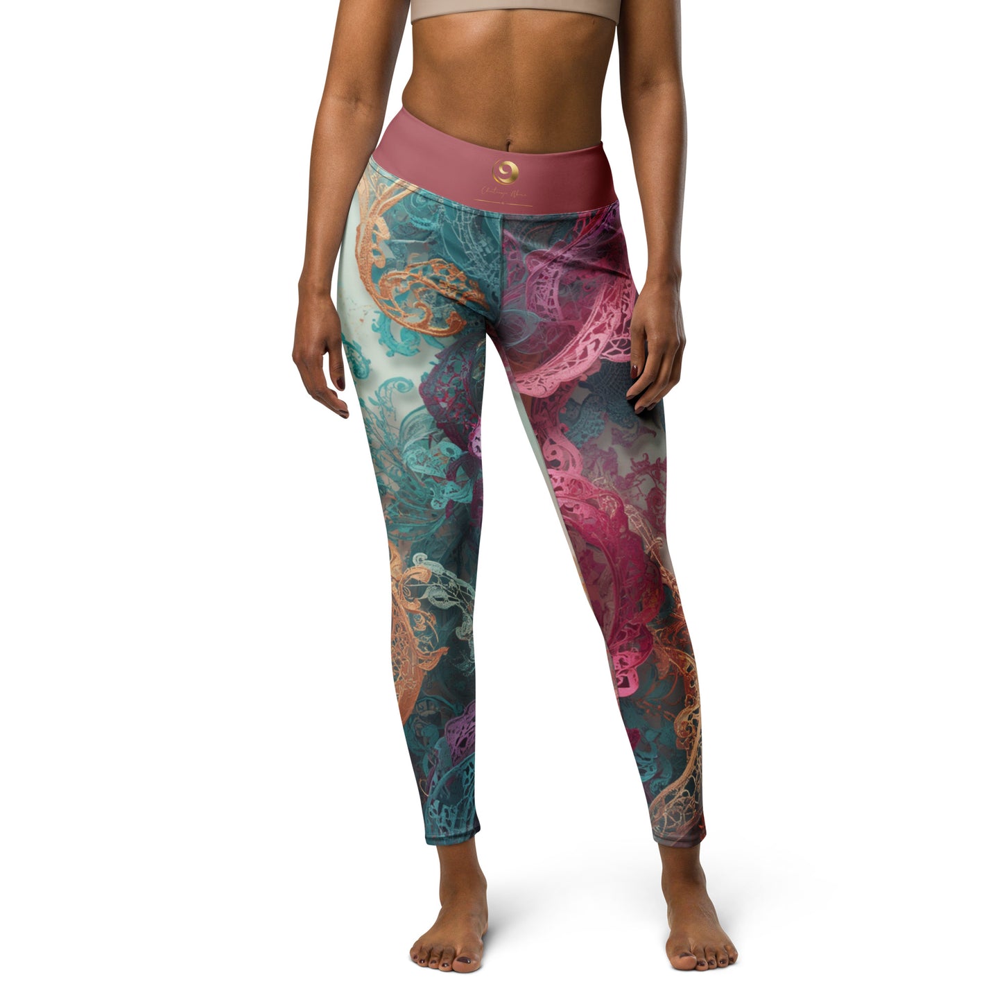 Chaitanya Abara Rangini Forme Yoga Leggings — lace-woven fractal pattern in warm chromatic tones