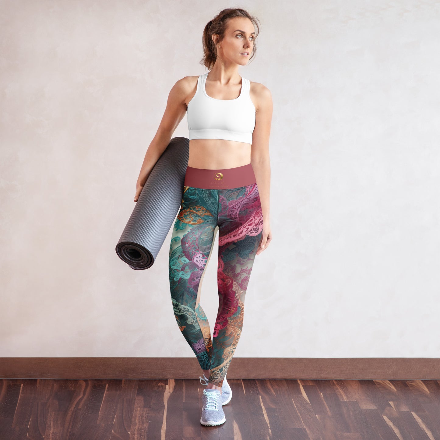 Chaitanya Abara Rangini Forme Yoga Leggings — lace-woven fractal pattern in warm chromatic tones