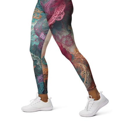 Chaitanya Abara Rangini Forme Yoga Leggings — lace-woven fractal pattern in warm chromatic tones