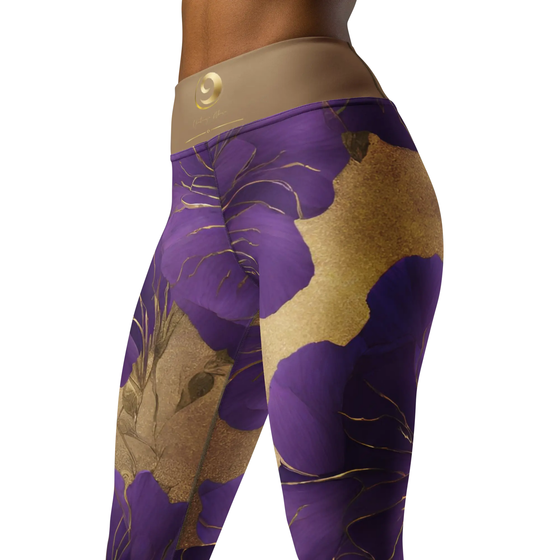 Chaitanya Abara Elegant Purple Flowers Trimmed in Gold Yoga Leggings Eternal Agape Store