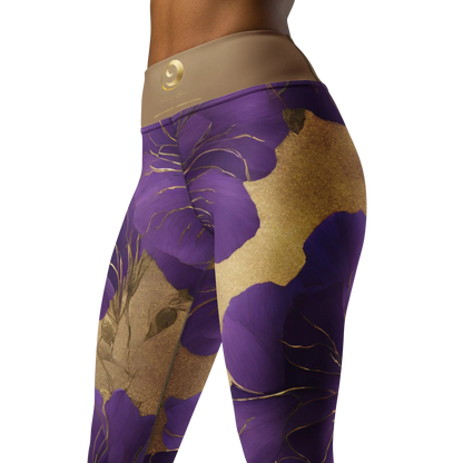 Chaitanya Abara Elegant Purple Flowers Trimmed in Gold Yoga Leggings Eternal Agape Store