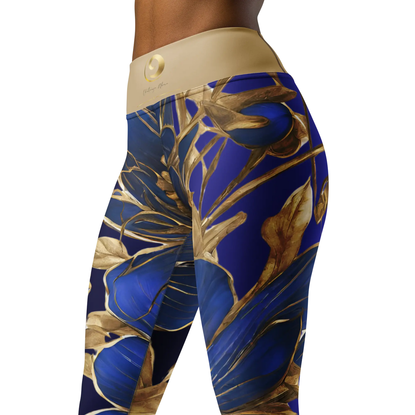 Chaitanya Abara Blue Flowers Trimmed in Gold Yoga Leggings Eternal Agape Store