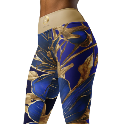 Chaitanya Abara Blue Flowers Trimmed in Gold Yoga Leggings Eternal Agape Store