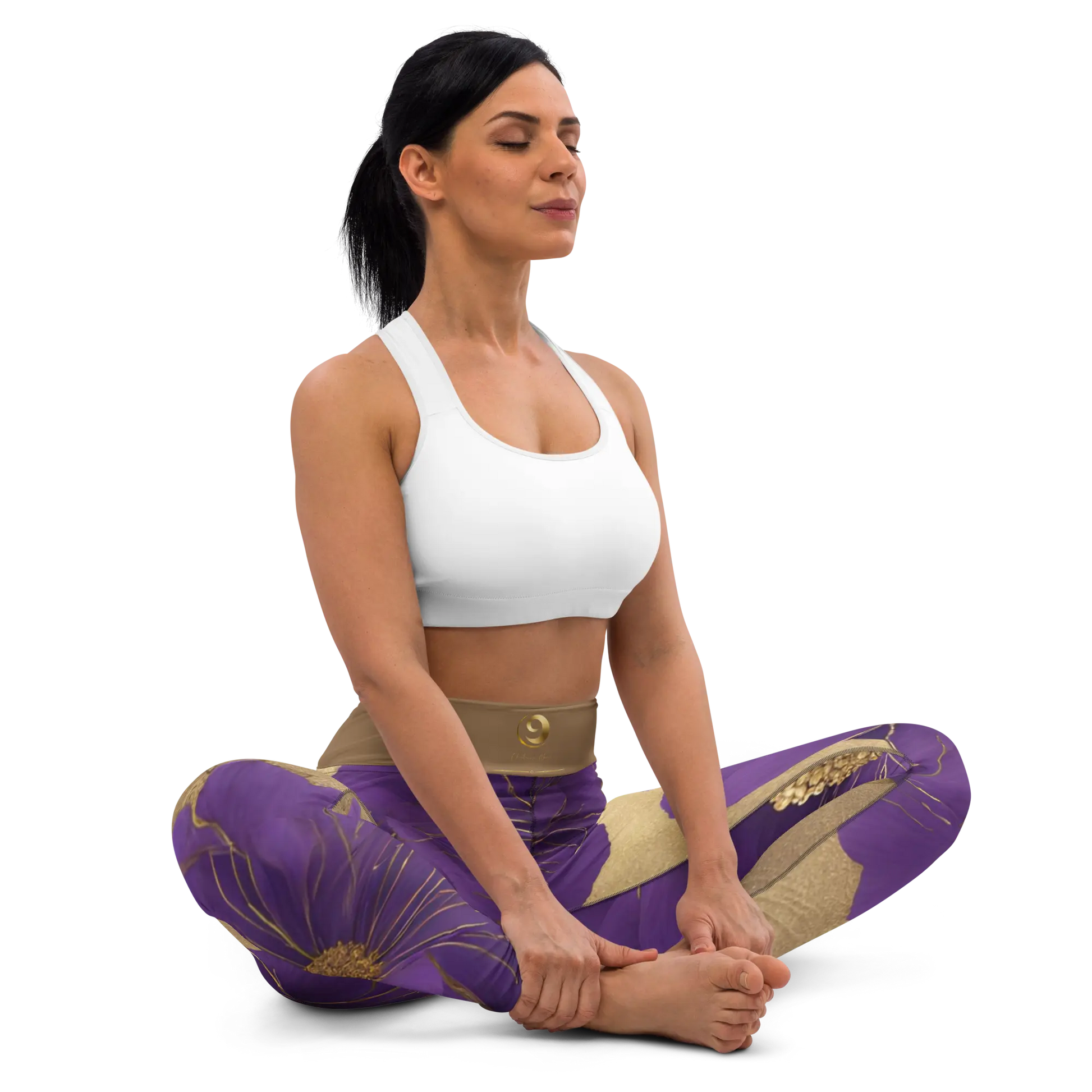Chaitanya Abara Elegant Purple Flowers Trimmed in Gold Yoga Leggings Eternal Agape Store