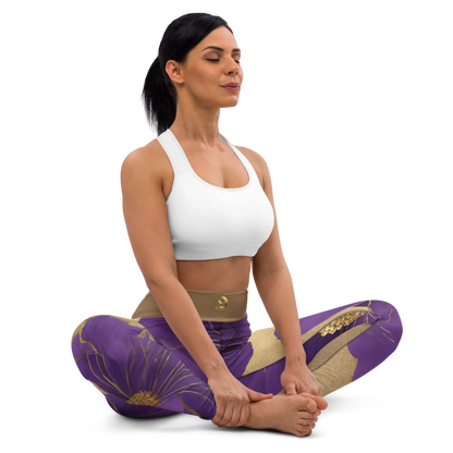Chaitanya Abara Elegant Purple Flowers Trimmed in Gold Yoga Leggings Eternal Agape Store