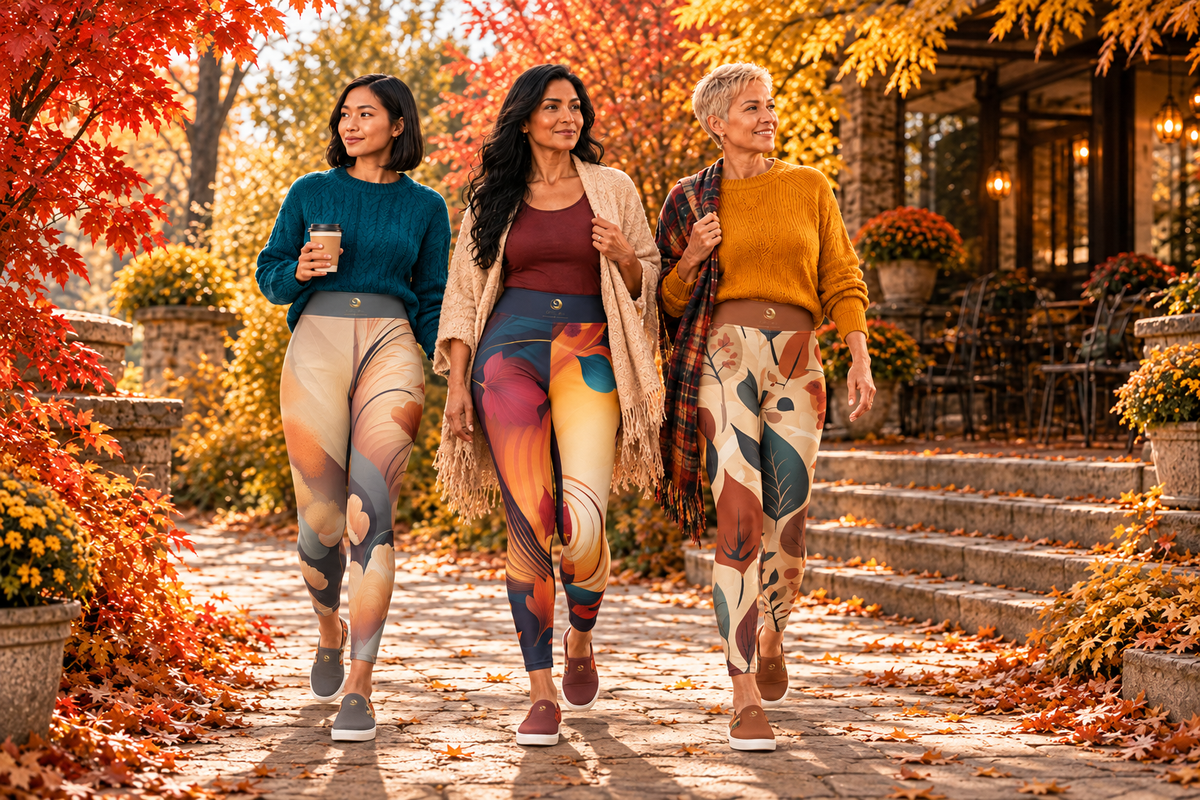 Three women in coordinated Fall Floral leggings and matching shoes