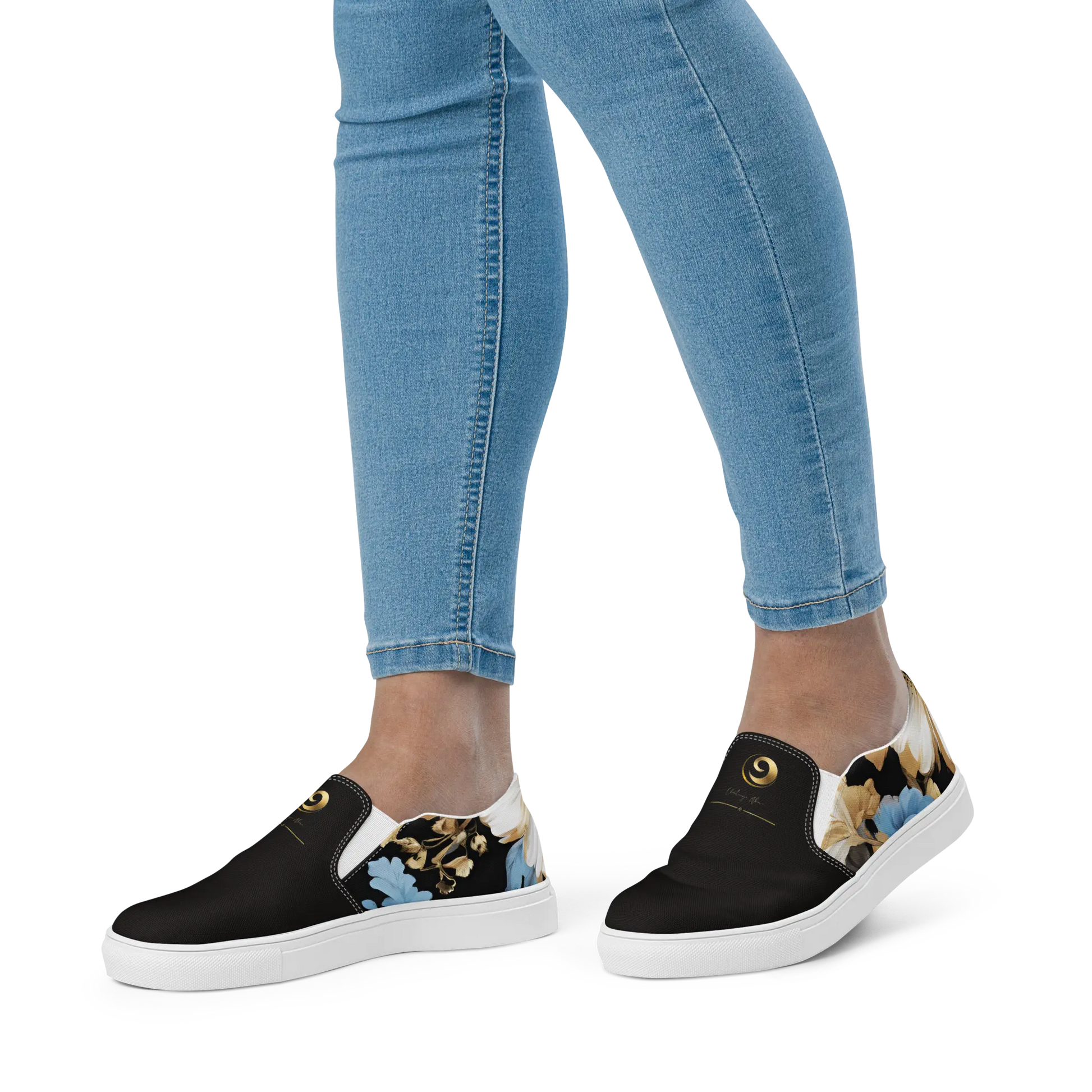 Chaitanya Abara White, Sky Blue and Black Floral Print Slip-on Canvas Shoes Eternal Agape Store