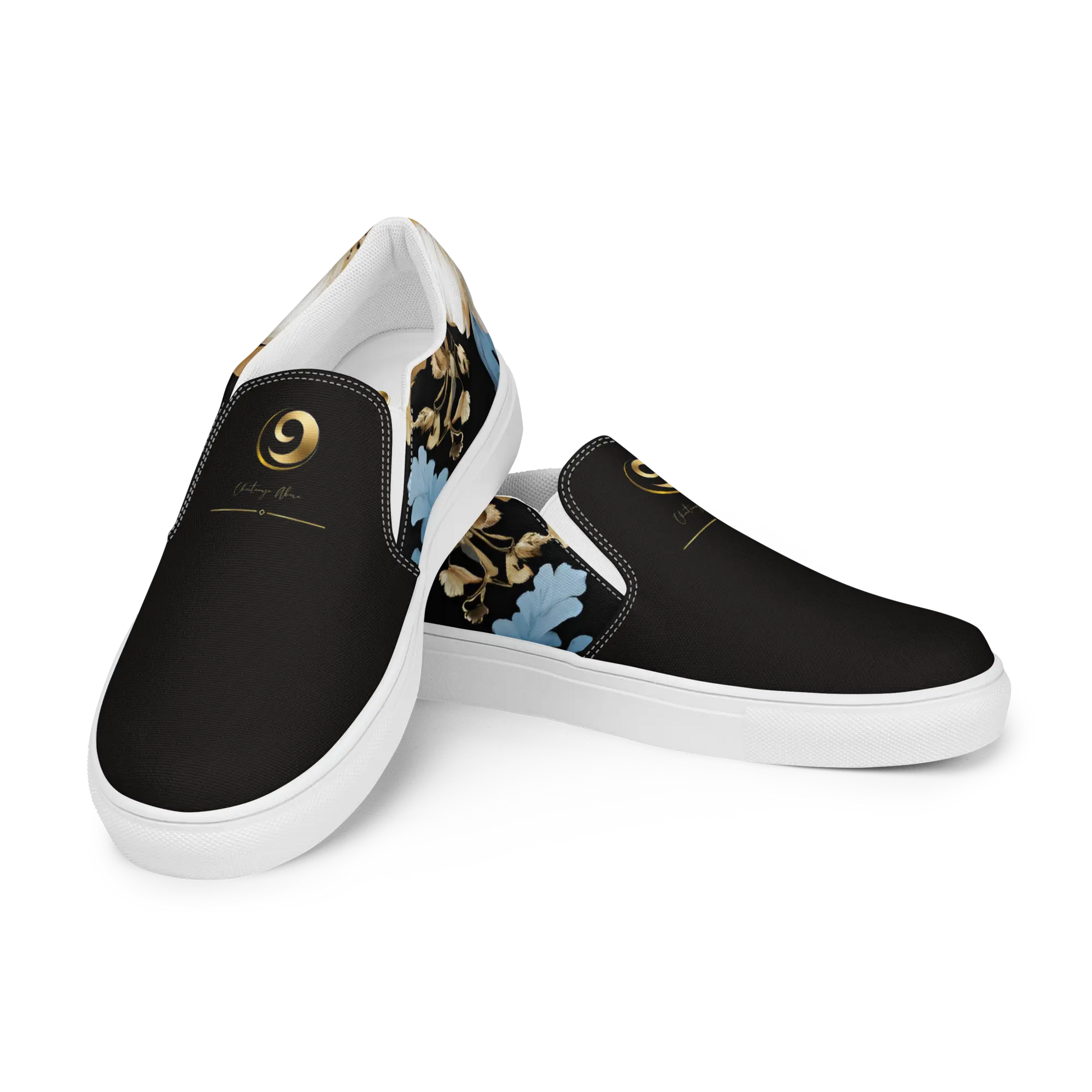 Chaitanya Abara White, Sky Blue and Black Floral Print Slip-on Canvas Shoes Eternal Agape Store