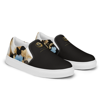 Chaitanya Abara White, Sky Blue and Black Floral Print Slip-on Canvas Shoes Eternal Agape Store